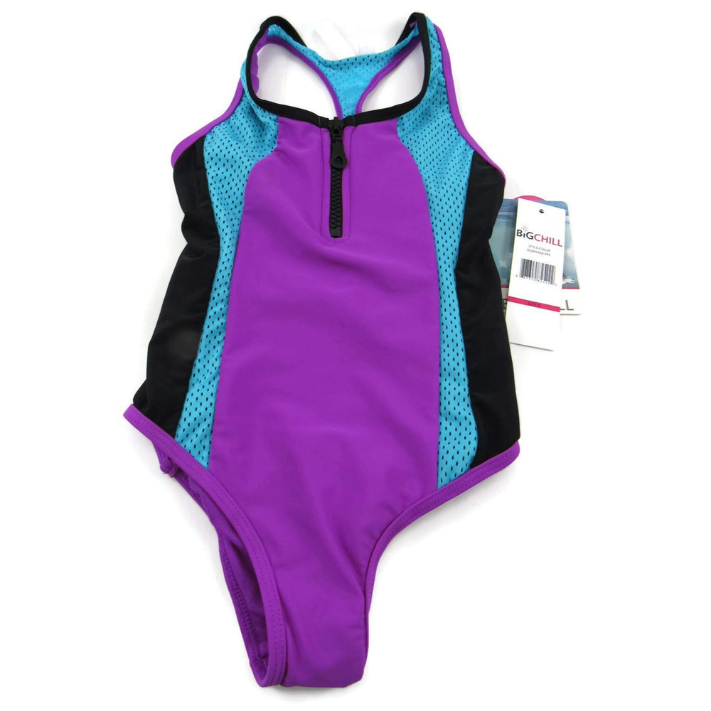 Big Chill Girls 1 Piece Racerback Swimsuit Purple Black 50 UV Protection Size 4